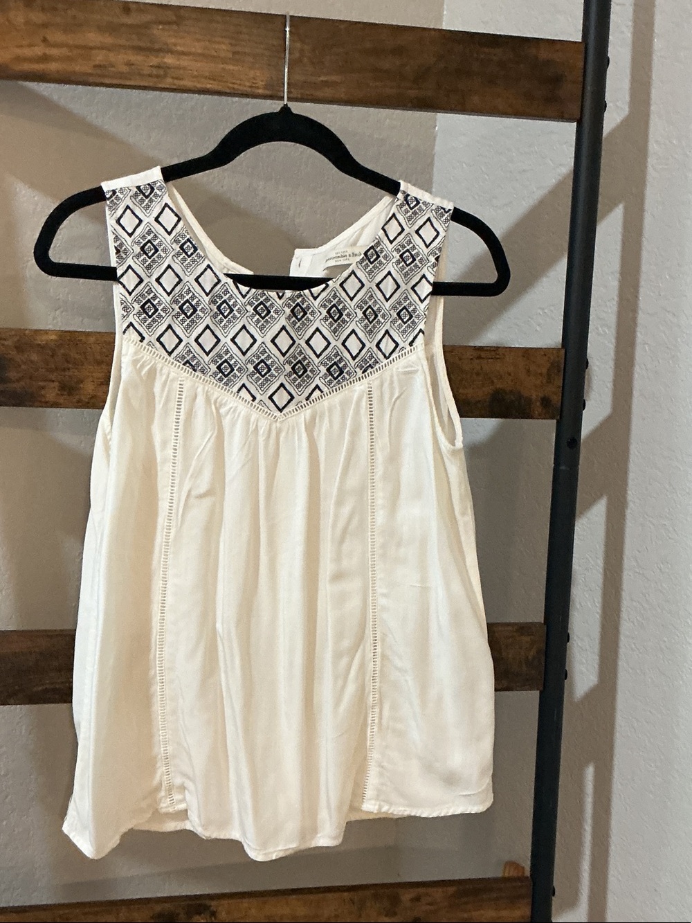 Abercrombie & Fitch Cream Sleeveless Top with Navy Embroidered Yoke